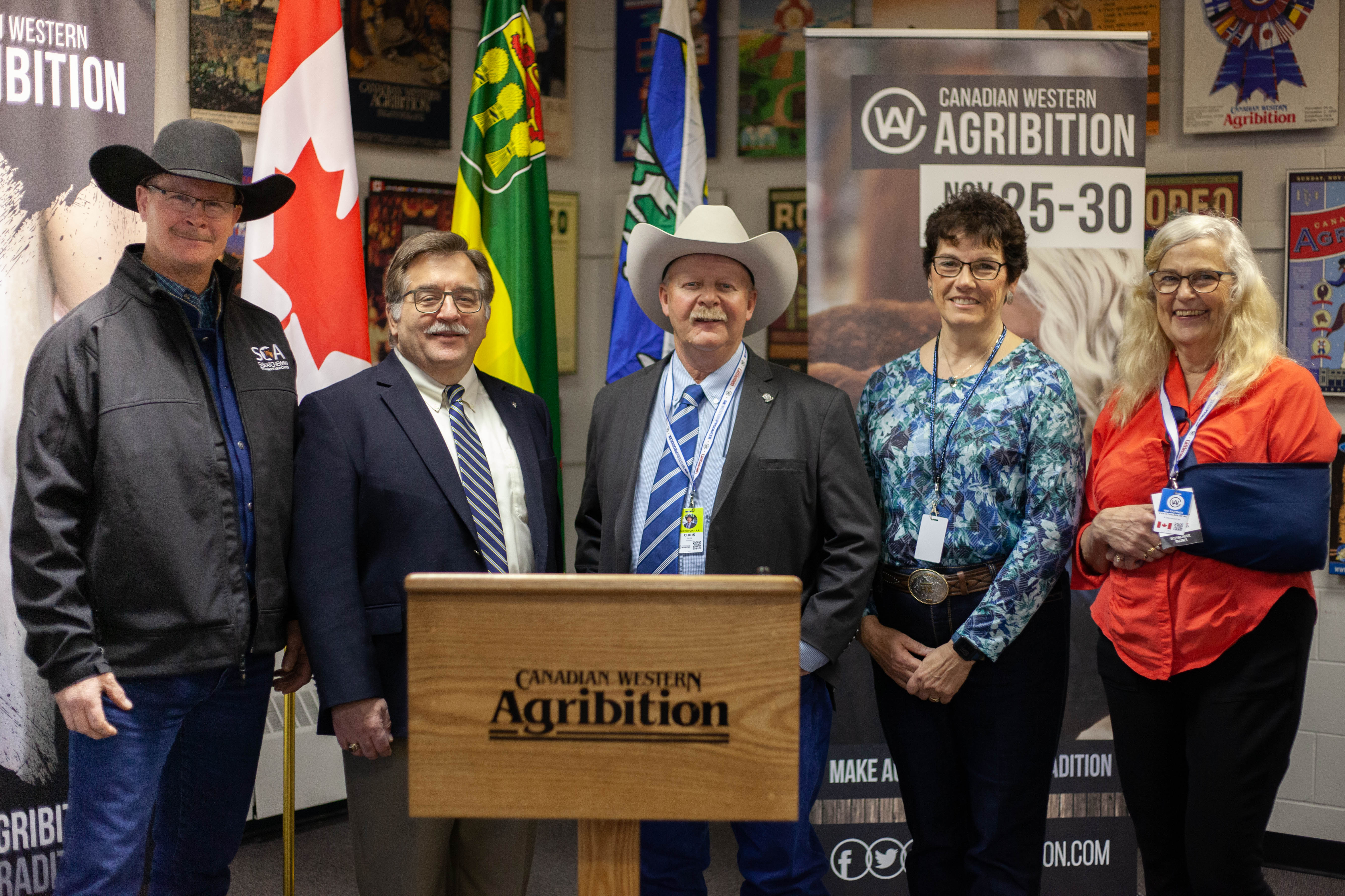 Duane Thompson, chair of LFCE Strategic Advisory Board, Dr. Douglas Freeman, Dean of the Western College of Veterinary Medicine, Chris Lees, president of Western Canadian Agribition, Kim Hextall, vice-president of CWA, Dr. Mary Buhr (PhD), Dean of the College of Agriculture and Bioresources