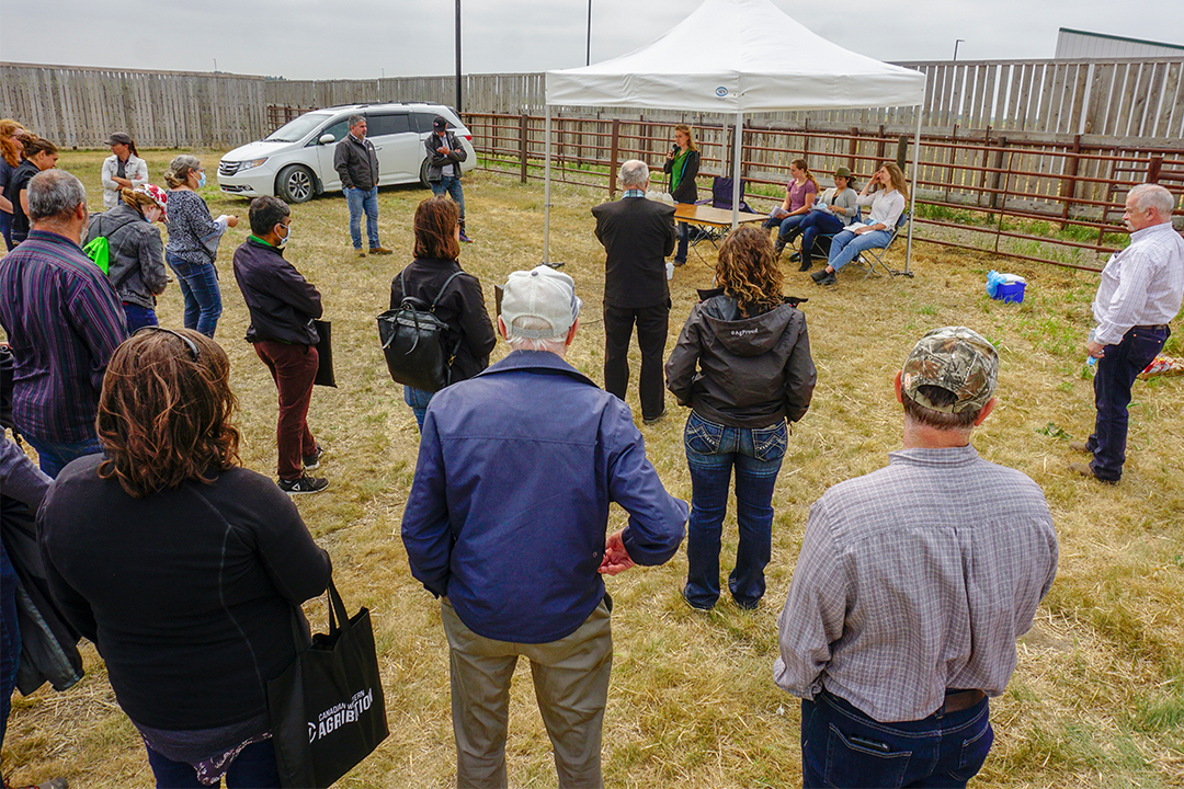 A stop on the Pens, Plots and Paddocks Tour: Ministry of Agriculture livestock and feed extension specialist, Catherine Lang, reminded producers to test their water because it has a significant impact on the health of their animals. Photo: Gord Waldner