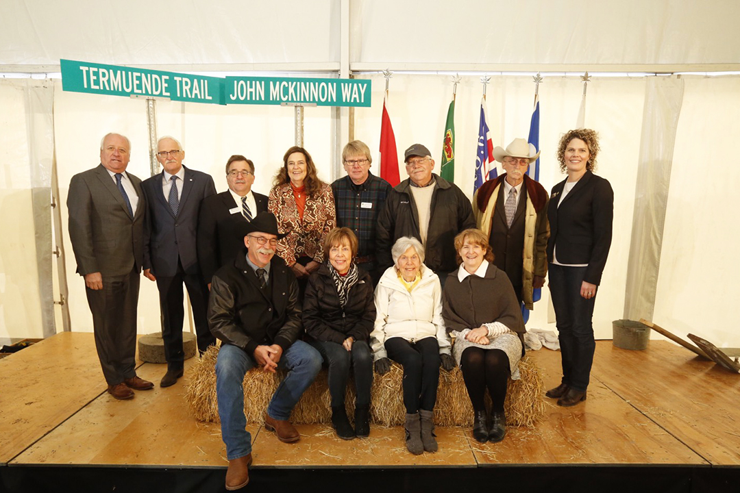Back row: David Marit, Saskatchewan Agriculture Minister; Ernie Barber, co-chair of former Livestock and Forage Steering Committee; Dr. Doug Freeman, dean of the Western College of Veterinary Medicine; Mary Buhr, dean of the College of Agriculture and Bioresources; Kris Ringwall, new director of the LFCE; Scott Schultz, descendant of the Termuende family; Murray McGillivray, producer and member of the former steering committee; Kathy Larson, interim director of the LFCE. Front row: Tim Oleksyn, producer and member of the former steering committee and of the Strategic Advisory Board; Rhonda Gaw and Marce Schultz, descendants of the Termuende family; and Karen Chad, vice-president of research at the U of S. Missing: Duane Thompson, chair of the advisory board; John McKinnon, professor of the U of S.