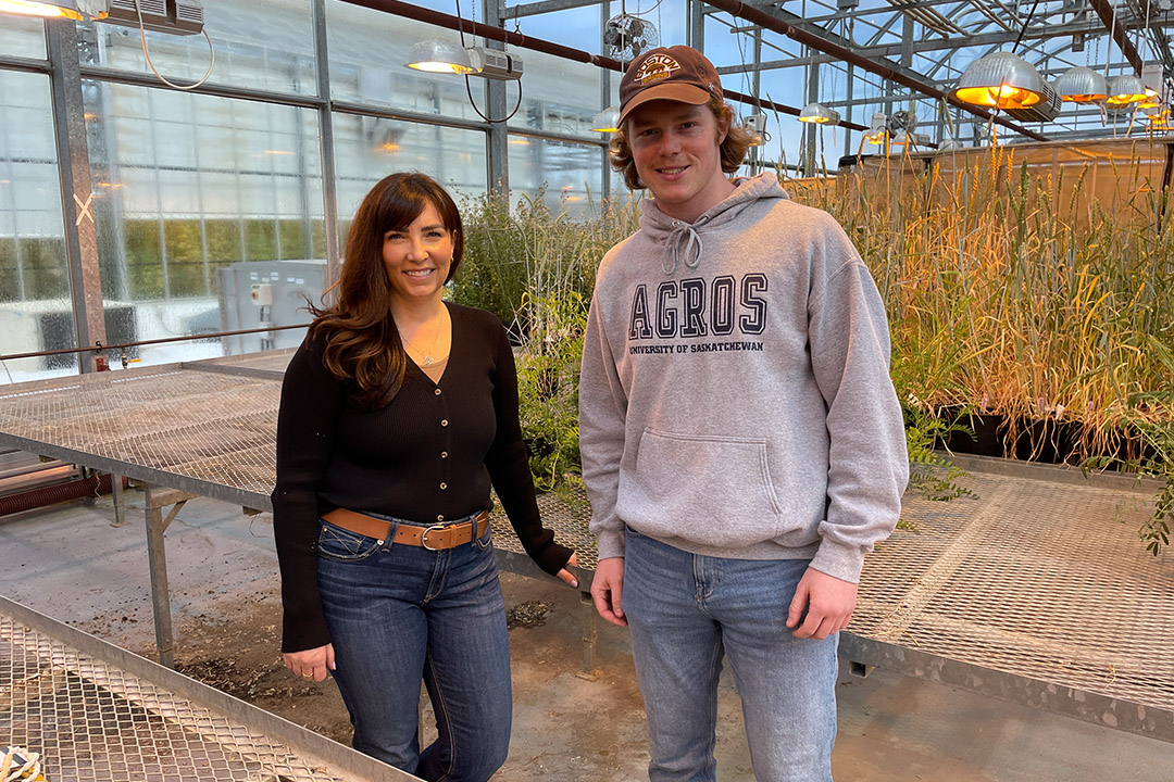 Dr. Breeanna Kelln and student Tyler Peterson inspect plants in a greenhouse.