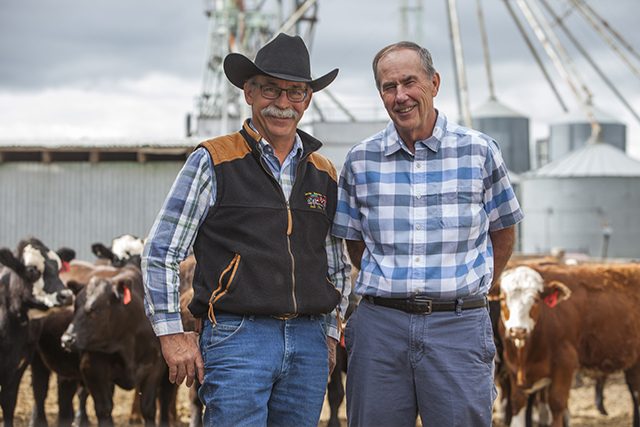 U of S beef cattle researcher John McKinnon (right) with Tim Oleksyn, a Saskatchewan beef cattle producer and member of the LFCE steering committee. Photo: Christina Weese. 