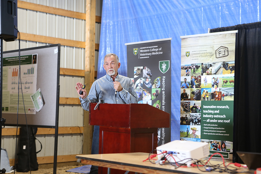 WCVM professor Dr. John Campbell gives the 2025 keynote speech at the Livestock and Forage Centre of Excellence Summer Field Day in June. Photo: Céline Grimard.